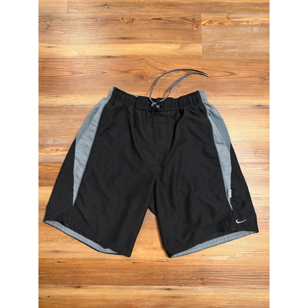 Nike Mens Athletic Swim Shorts Black Grey Mesh Liner Drawstring Size Medium